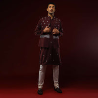 Wine Nehru Jacket Set With Black Resham Aari Embroidered Ethnic Buttis