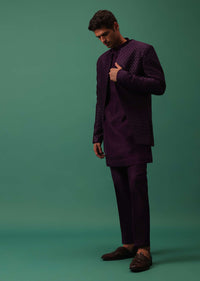 Wine Open Jodhpuri Jacket Set With Detailed Kurta