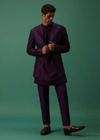 Wine Open Jodhpuri Jacket Set With Detailed Kurta