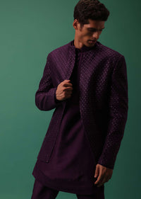 Wine Open Jodhpuri Jacket Set With Detailed Kurta