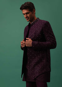 Wine Open Style Jodhpuri Jacket Set With Pleated Kurta