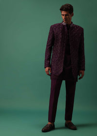 Wine Open Style Jodhpuri Jacket Set With Pleated Kurta