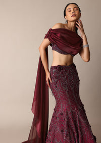 Wine Opulent Fish Cut Lehenga And Embellished Jacket Duo