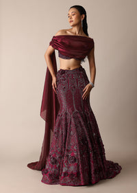 Wine Opulent Fish Cut Lehenga And Embellished Jacket Duo