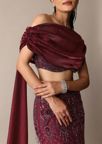 Wine Opulent Fish Cut Lehenga And Embellished Jacket Duo