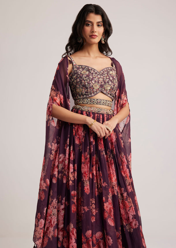 Wine Organza Floral Print Set With Zardosi And Sequins Detailing