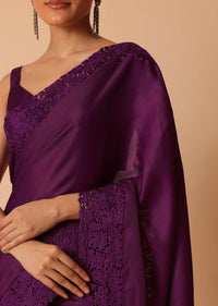 Wine Organza Saree With Lace Border And Unstitched Blouse Piece