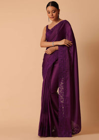 Wine Organza Saree With Lace Border And Unstitched Blouse Piece