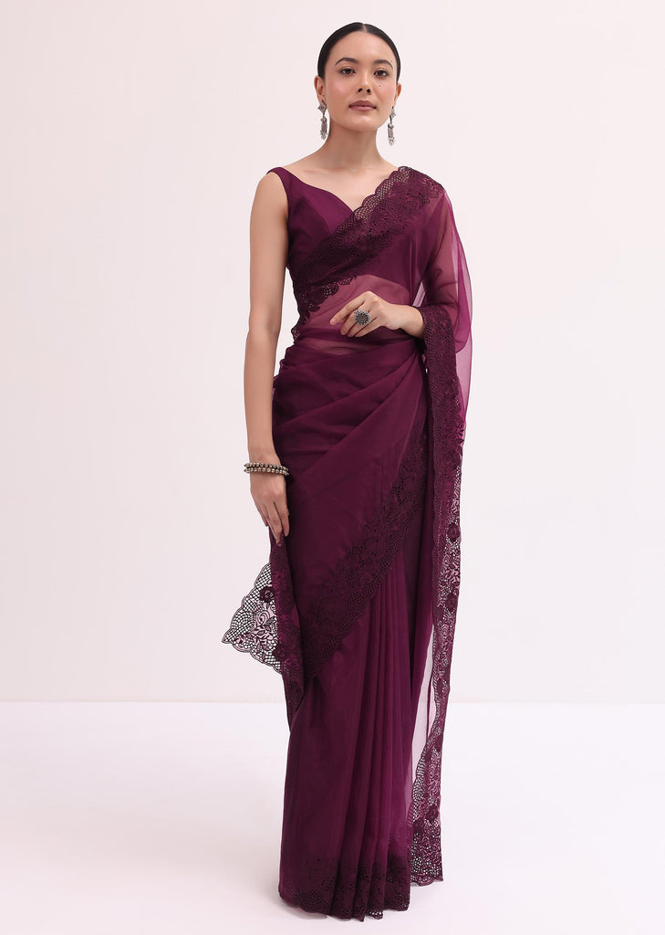 Wine Organza Saree With Unstitched Blouse