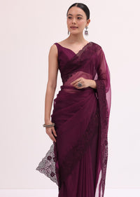 Wine Organza Saree With Unstitched Blouse