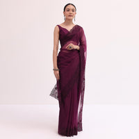 Wine Organza Saree With Unstitched Blouse