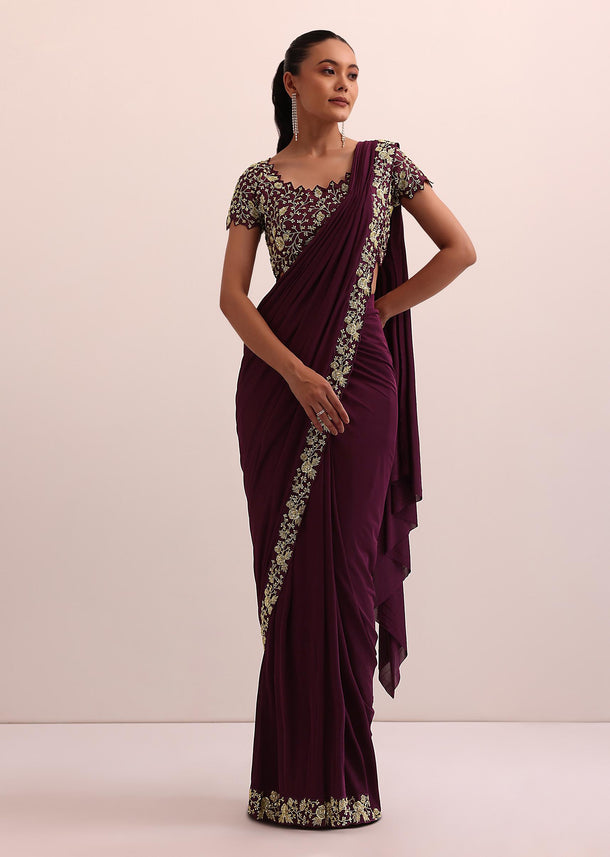 Wine Pre Pleated Saree With Embellished Blouse