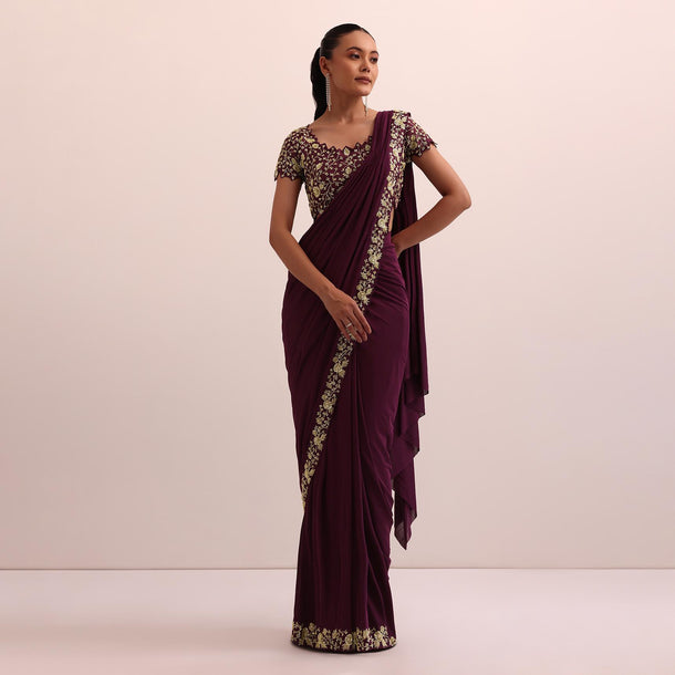 Wine Pre Pleated Saree With Embellished Blouse