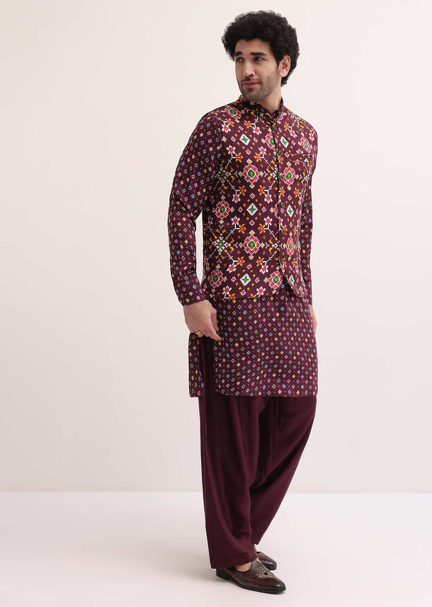 Wine Printed Kurta Jacket Set For Men