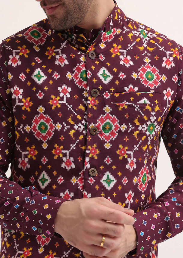 Wine Patola Printed Kurta Jacket Set For Men
