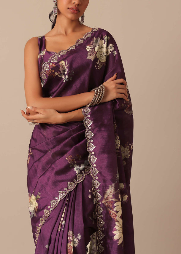 Wine Printed Tussar Silk Saree With Unstitched Blouse Piece