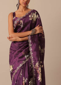 Wine Printed Tussar Silk Saree With Unstitched Blouse Piece