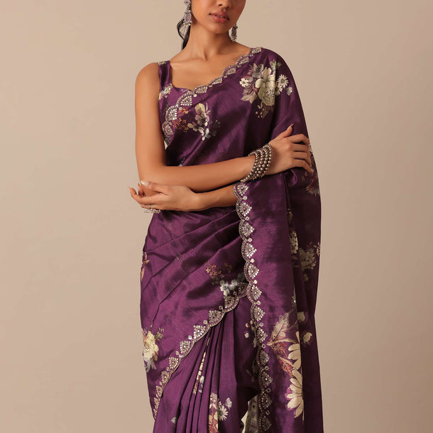 Wine Printed Tussar Silk Saree With Unstitched Blouse Piece