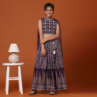 Wine Purple Chinon Blouse And Lehenga Set With Threadwork