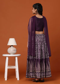 Wine Purple Chinon Blouse And Lehenga Set With Threadwork