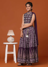 Wine Purple Chinon Blouse And Lehenga Set With Threadwork