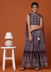 Wine Purple Chinon Blouse And Lehenga Set With Threadwork