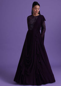 Wine Purple Cut Dana Embroidered Gown In Georgette With Attached Drape