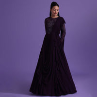 Wine Purple Cut Dana Embroidered Gown In Georgette With Attached Drape