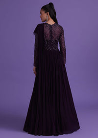 Wine Purple Cut Dana Embroidered Gown In Georgette With Attached Drape