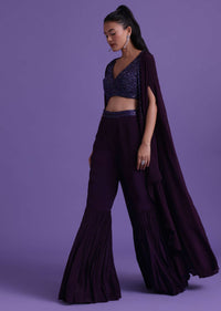 Wine Purple Cut Dana Embroidered Sharara And Blouse Set With Shrug in Satin