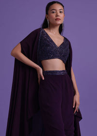Wine Purple Cut Dana Embroidered Sharara And Blouse Set With Shrug in Satin