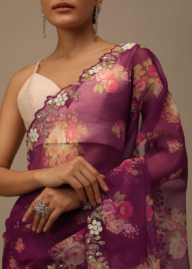 Wine Purple Cutdana Embroidered Saree In Organza With Floral Print