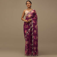 Wine Purple Cutdana Embroidered Saree In Organza With Floral Print