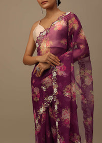 Wine Purple Cutdana Embroidered Saree In Organza With Floral Print