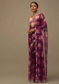 Wine Purple Cutdana Embroidered Saree In Organza With Floral Print