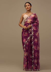 Wine Purple Cutdana Embroidered Saree In Organza With Floral Print