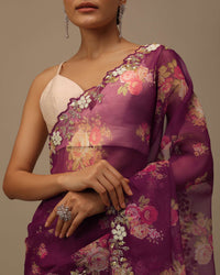 Wine Purple Cutdana Embroidered Saree In Organza With Floral Print