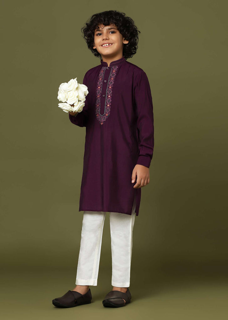 Wine Purple Embroidered Kurta And Pant Set In Silk