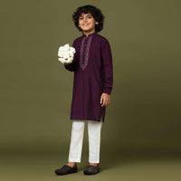 Wine Purple Embroidered Kurta And Pant Set In Silk