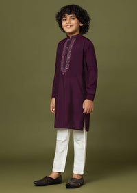 Wine Purple Embroidered Kurta And Pant Set In Silk