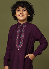 Wine Purple Embroidered Kurta And Pant Set In Silk