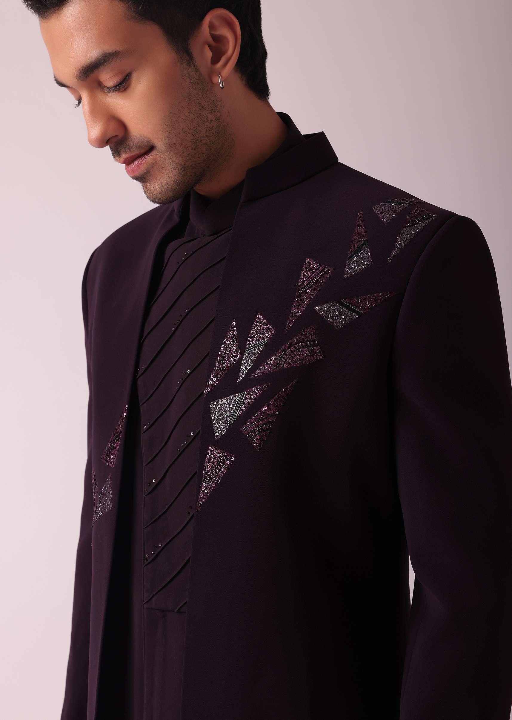 Wine Purple Embroidered Indowestern In Suiting Fabric