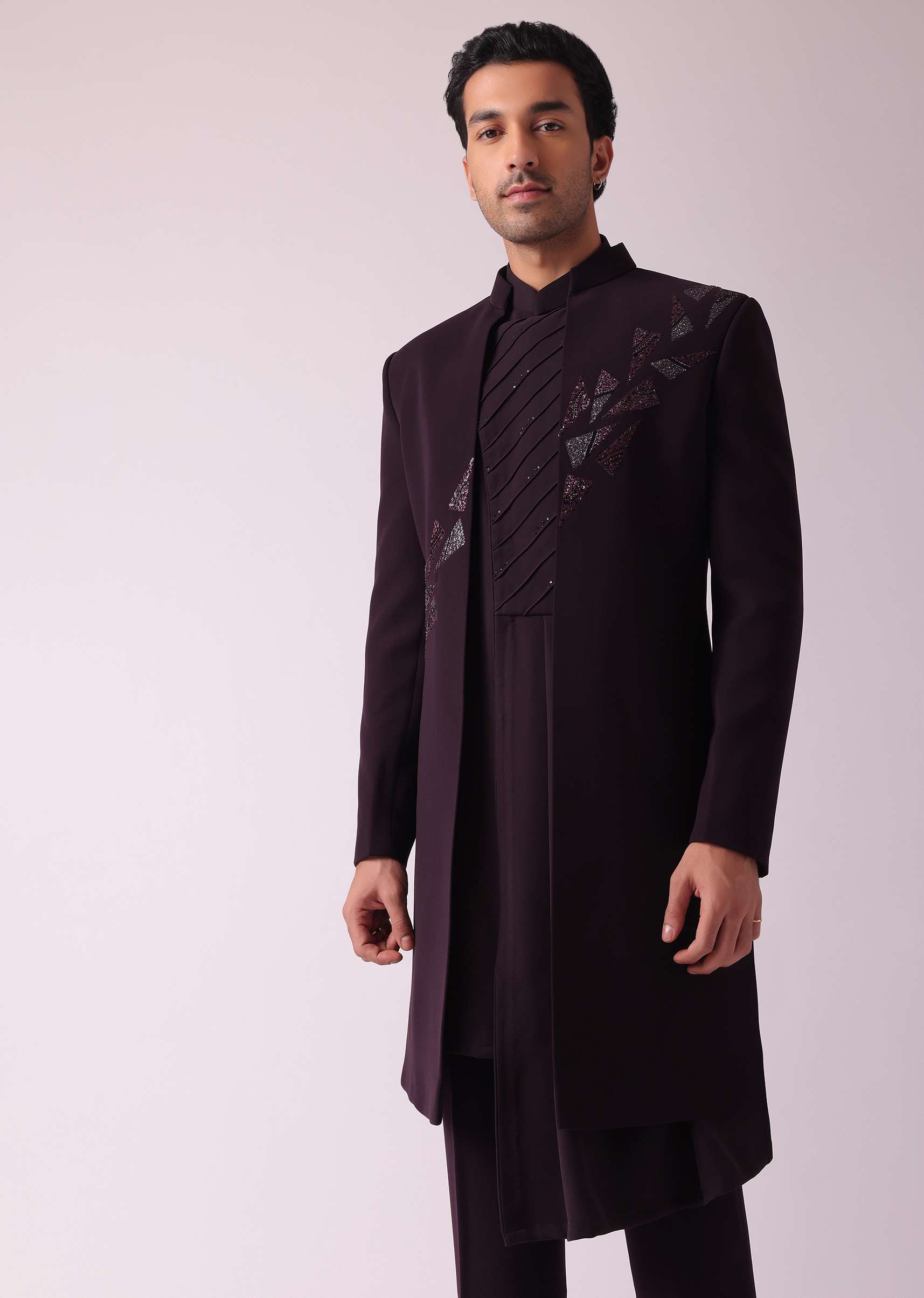 Wine Purple Embroidered Indowestern In Suiting Fabric