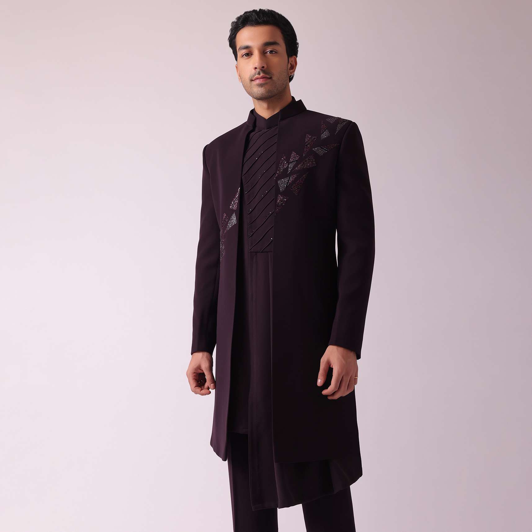 Wine Purple Embroidered Indowestern In Suiting Fabric