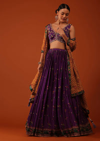 Wine Purple Embroidered Lehenga And Blouse Set In Satin