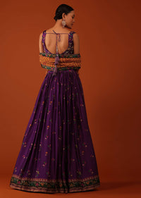 Wine Purple Embroidered Lehenga And Blouse Set In Satin