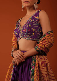 Wine Purple Embroidered Lehenga And Blouse Set In Satin