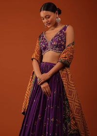 Wine Purple Embroidered Lehenga And Blouse Set In Satin