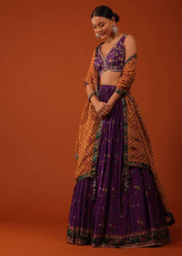 Wine Purple Embroidered Lehenga And Blouse Set In Satin