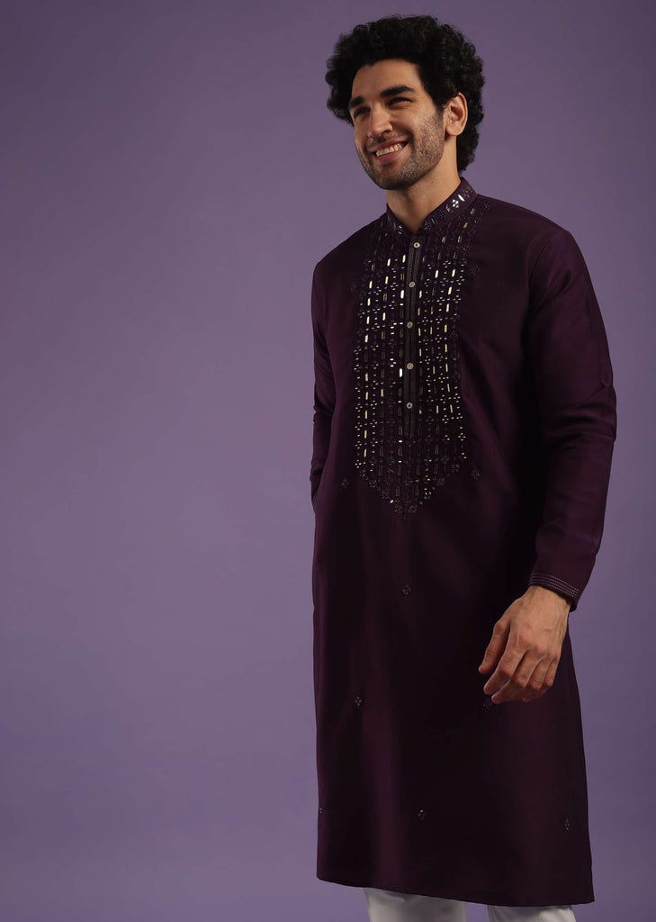 Wine Purple Kurta Set In Art Silk With Mirror Embroidery